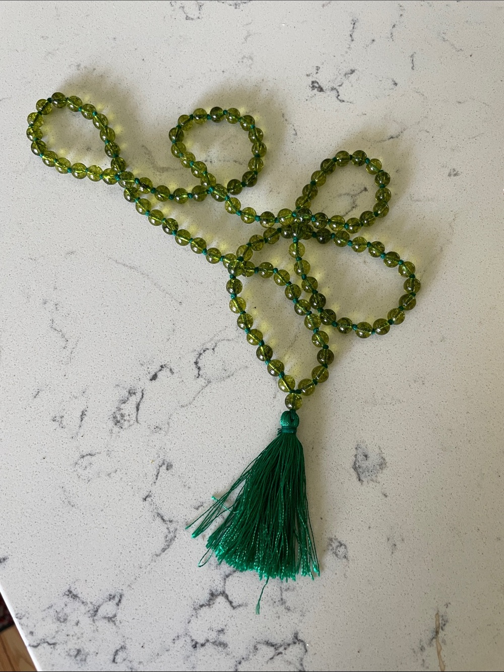 Green Quartz Beaded Mala Tassel Necklace